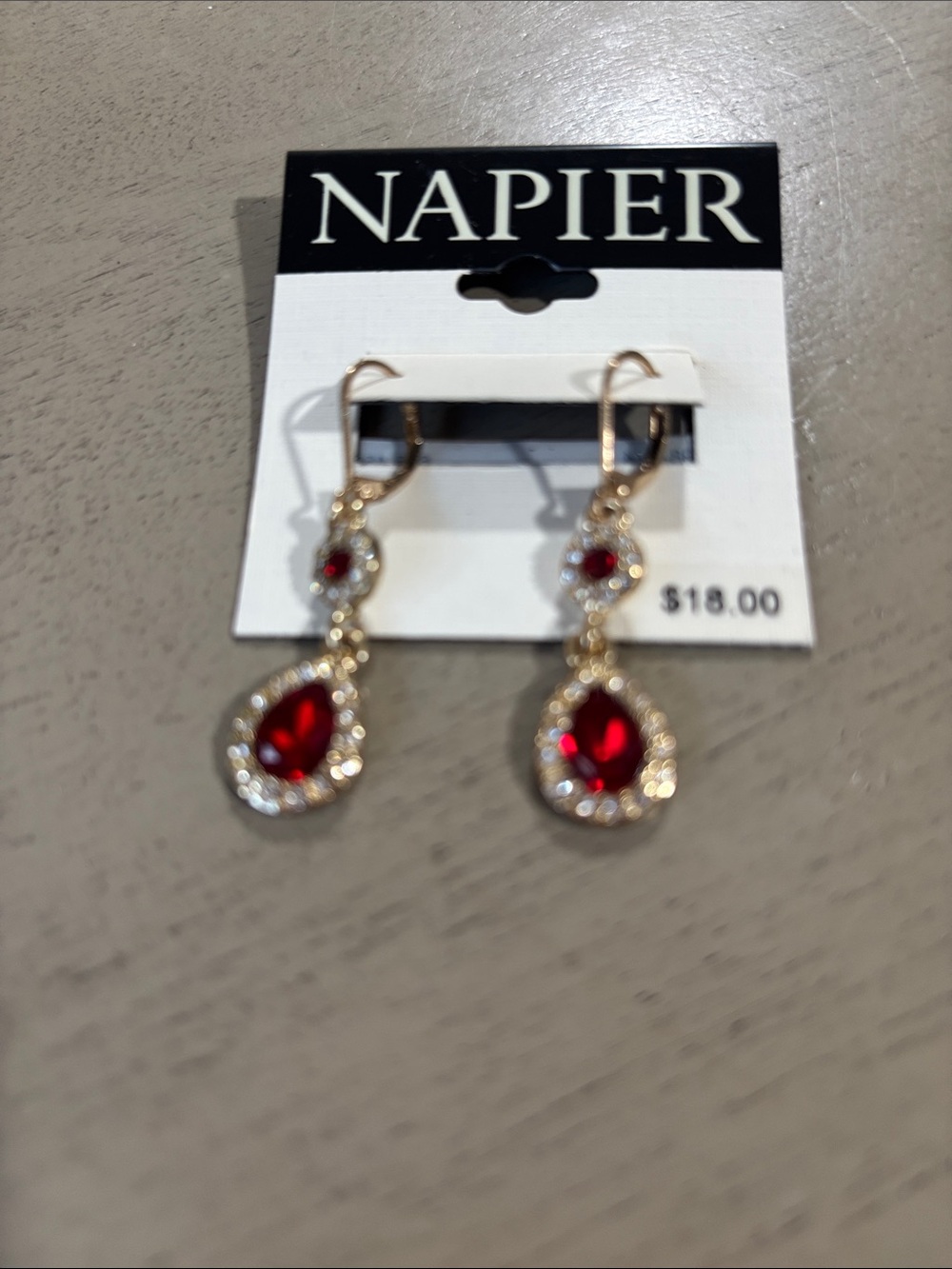 Napier Gold-Tone Earrings with Red Teardrop Stones and Clear Accents